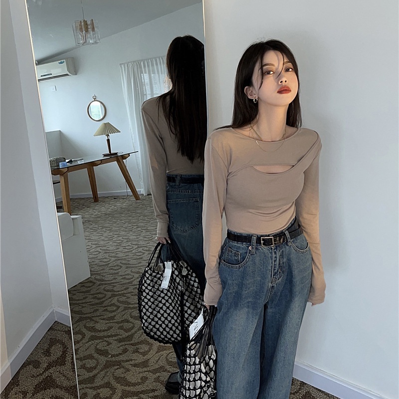 IELGY Áo Thun Tay Dài Màu Trơn Dáng Ôm Khoét Lỗ Cá Tính Cho Nữ Màu Sắc