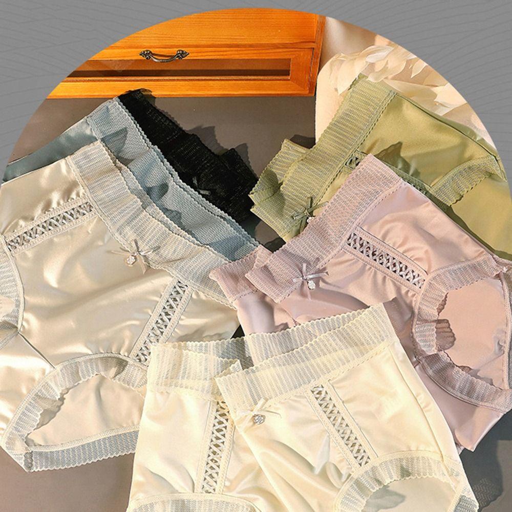 OCEANMAP Quần Lót Satin Viền Ren Không Đường May Đính Nơ Thanh Lịch Cho Nữ