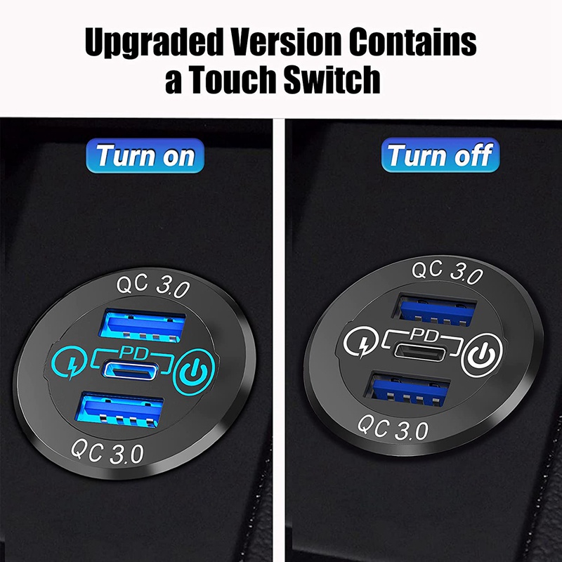 Tẩu Sạc Nhanh QC 3.0 PD3.0 Ba Cổng USB 12V 24V 60W USB-C Có Công Tắc Cho Tàu Thuyền Xe Hơi Xe Tải RV Xe Máy