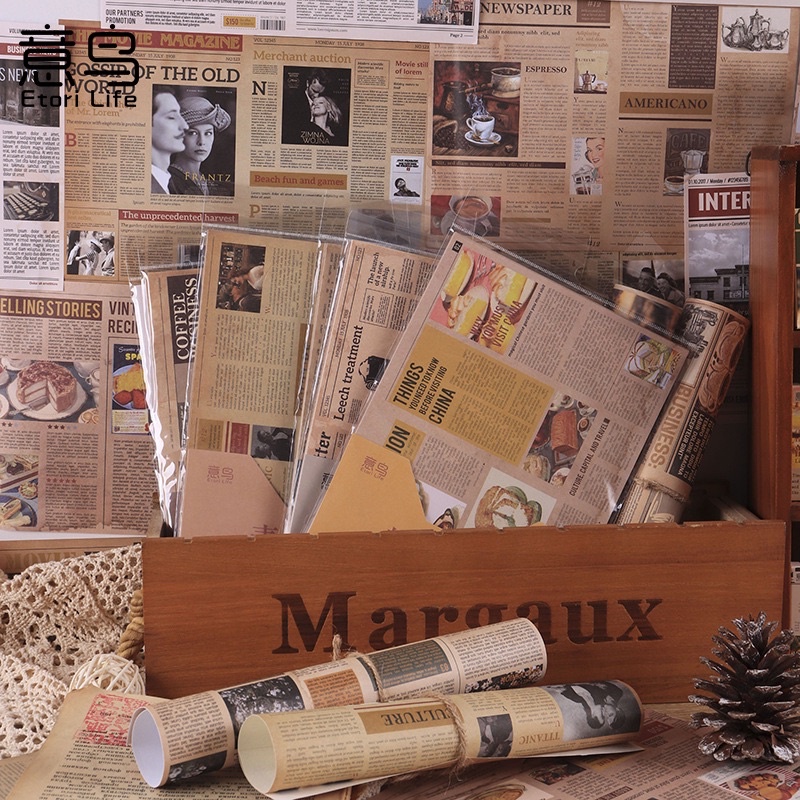 21x14cm set giấy và nhãn dán sticker hình báo, sách ảnh vintage cổ điển trang trí sổ bullet journal, decor gói hoa
