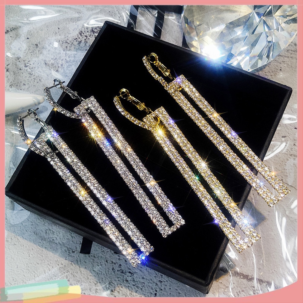 Khuyên tai nữ dáng dài đính đá dáng chữ nhật rỗng