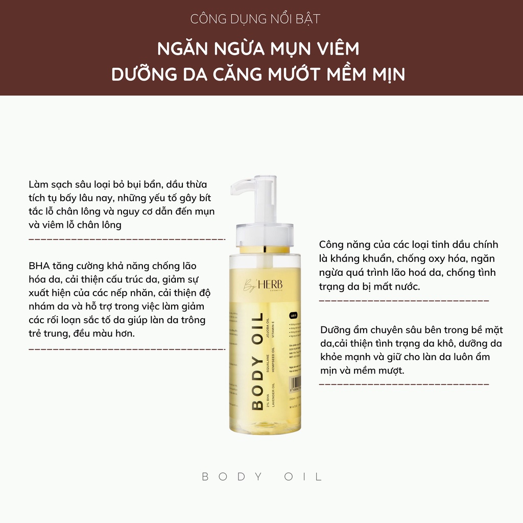 Combo Dưỡng Trắng Da Body Herbal Whitening Body Lotion 250g và Dầu Dưỡng Da Body Oil Bha By'HERB 250ml