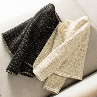 Áo dạ tweed nữ hai lớp dáng ngắn cao cấp màu đen trắng cúc ngọc, áo dạ nữ dáng ngắn