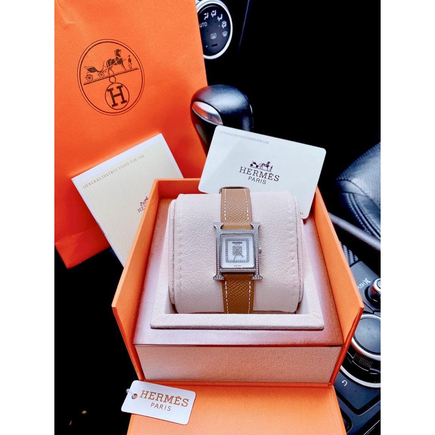 ĐỒNG HỒ NỮ HERMES HEURE H DIAMOND dây da màu mới - 26mm- máy quazt thụy sĩ- Bảo hành 24 tháng