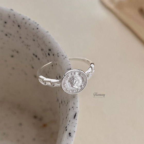 Nhẫn nữ bạc 925 cao cấp dáng mở freesize hình đồng xu nữ hoàng châu âu Fiona | HARMONY ACCESSORIES N72