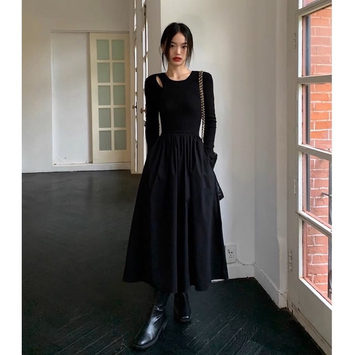 ✅Dress đen dài xoè khoét vai lớn