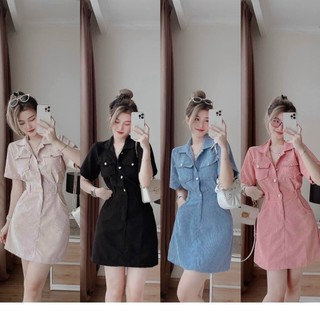 Đầm Suông nữ thời trang chất tăm nhung y mẫu 100% cổ sơ mi tay ngắn, túi hộp nhiều màu.Set đi tiệc. Đầm chơi tết 2023