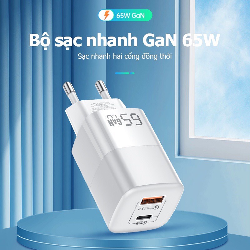 Củ Sạc Nhanh Kuulaa GaN 65W - Quick Charge 4.0, PowerDelivery 3.0 - USB-C Cho Macbook, IPhone, Samsung - Hàng Chính Hãng
