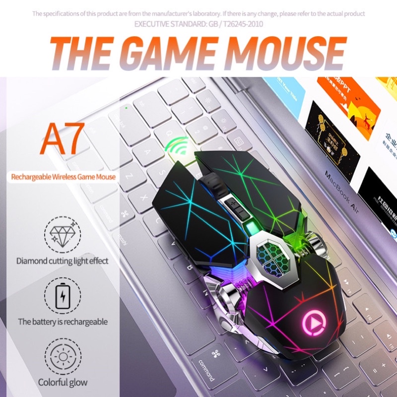 Chuột Không Dây Gaming YINOIAO A7 Không Âm Thanh Kết Nối Qua Đầu Thu USB 2.4G Pin Sạc Đèn LED Tự Động Đổi Màu Cao Cấp