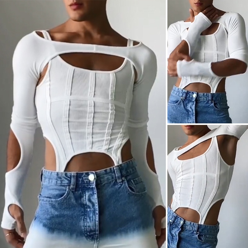 Xman Bộ Đồ 2 Mảnh Áo Sơ Mi Tay Dài Khoét Lỗ Viền Rỗng Thời Trang Câu Lạc Bộ Đêm Cho Nam