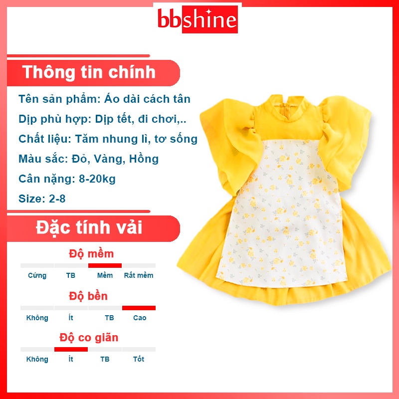 Áo dài cách tân 8-20kg chất tăm nhung cao cấp BBShine, Áo dài bé gái họa tiết hoa nhí tay bồng – AD007