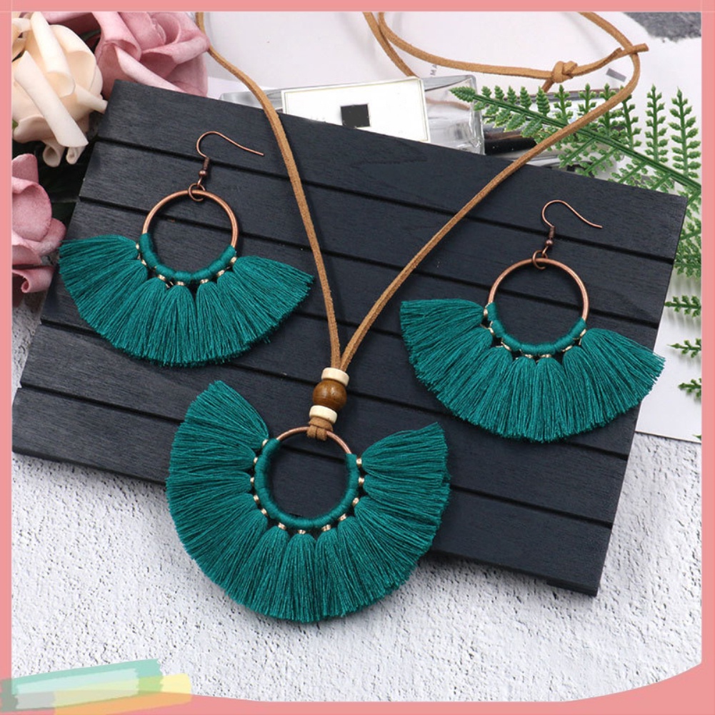 Bộ vòng cổ + Bông Tai Dạng Tua Rua Phong Cách Bohemian