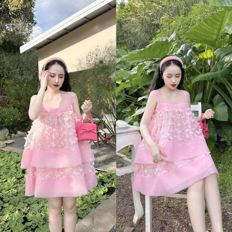 Đầm Babydoll Tầng 2 Dây Bướm Nổi Siêu Phẩm
