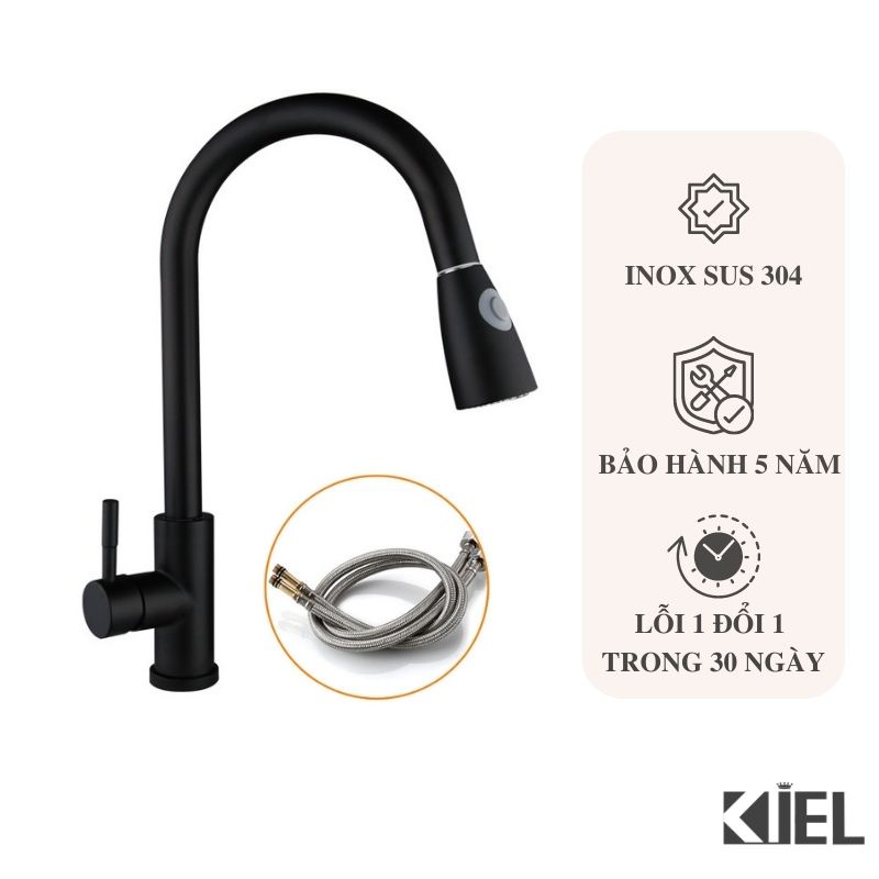 Vòi rửa bát nano đen có dây rút nóng lạnh 2 chế độ rửa inox 304 hàng chính hãng bảo hành 12 tháng