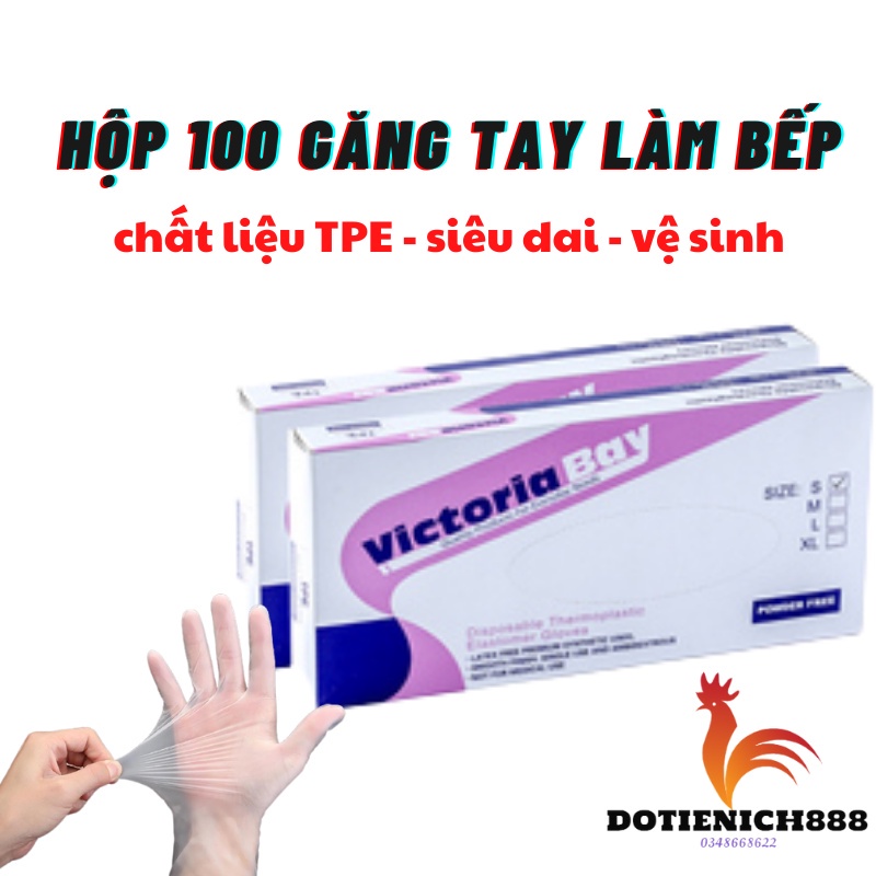 Găng tay nấu ăn làm bếp siêu dai Victoria hộp 100 chiếc, chất liệu TPE không mùi chống nhăn, bao tay sử dụng tiện lợi