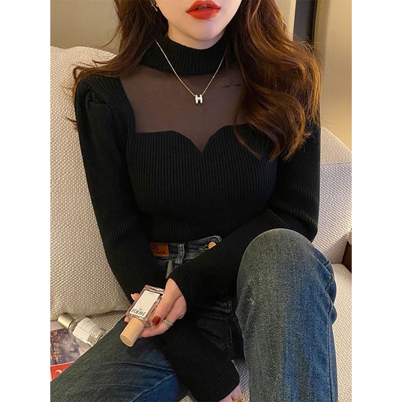 Áo Dệt Kim Tay Dài Cổ Cao Dáng Ôm Phong Cách Hàn Quốc Thời Trang Quyến Rũ Cho Nữ