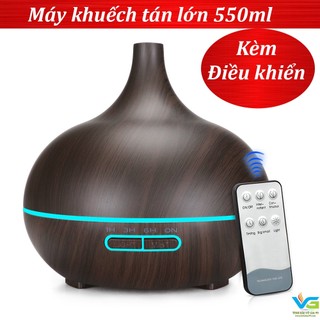 Máy khuếch tán tinh dầu cổ cao vân gỗ kèm remote led 7 màu 550ml