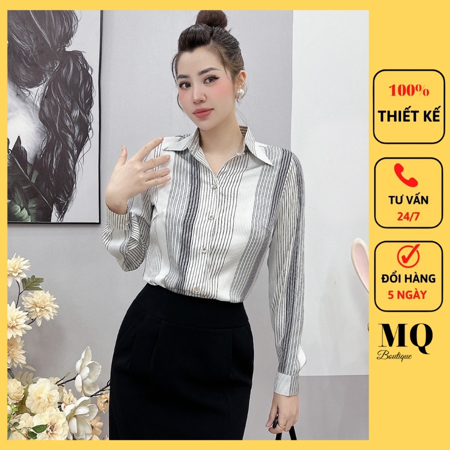 Áo sơ mi nữ lụa dài tay cao cấp công sở họa tiết kẻ sọc ghi thanh lịch, áo sơ mi họa tiết thiết kế MQ Boutique
