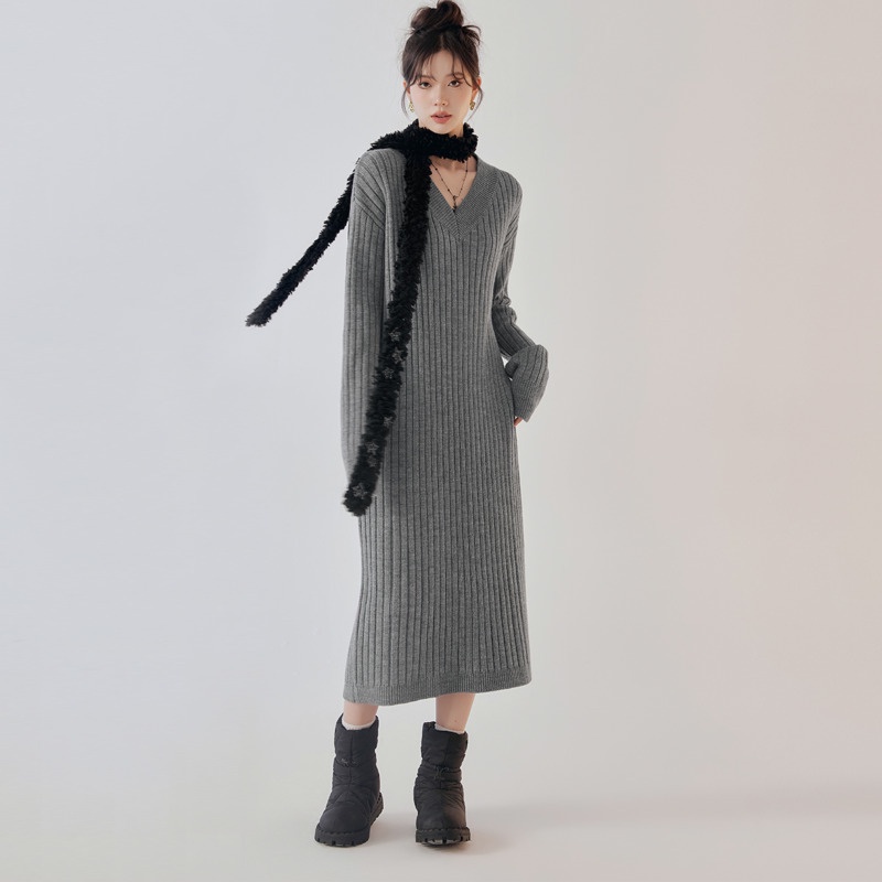 Đầm Dệt Kim Tay Dài Cổ Chữ v Màu Trơn Đơn Giản Phong Cách Hàn Quốc Thời Trang Mùa Thu Cho Nữ