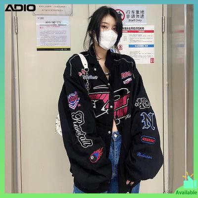 A 'o Bomber Áo Khoác Bóng Chày Đồng Phục Đua Xe Màu Xanh Dương Thêu Họa Tiết Retro Mỹ Đáng Yêu Cho Cặp Đôi