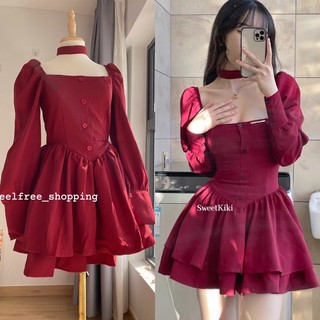 Set 3 Món Váy + Chân Váy + Choker (Vòng Cổ) Dáng Ngắn Đỏ Tay Dài Mặc Noel Lễ Tết (Hình Thật) S033