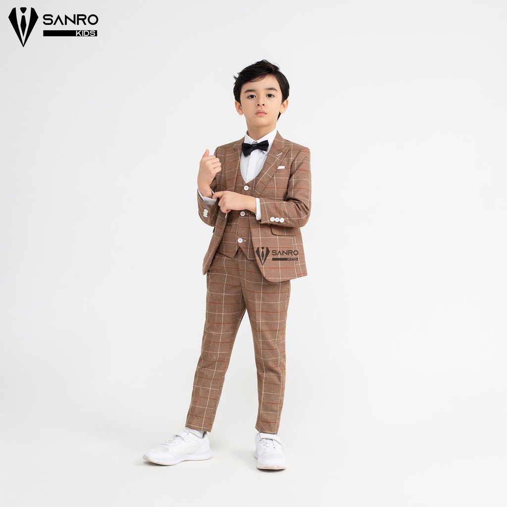 Bộ vest bé trai SANRO KIDS màu nâu kẻ ô vuông cao cấp