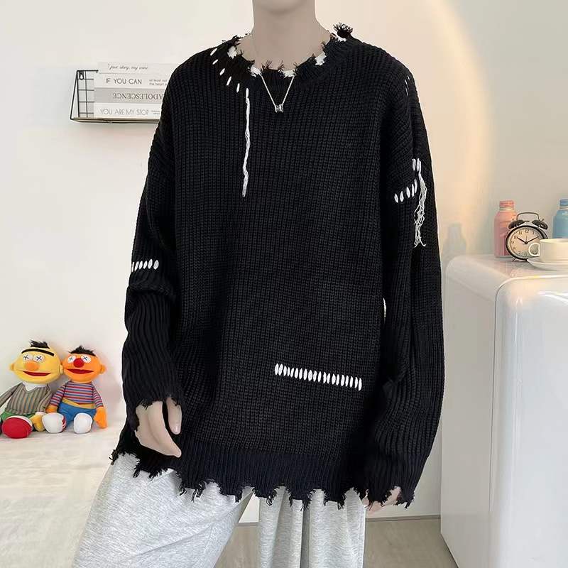 Áo Sweater Dệt Kim Tay Dài Dáng Rộng Rách Cổ Thuyền Phong Cách Hip Hop Giản Dị Mới Cho Cặp Đôi