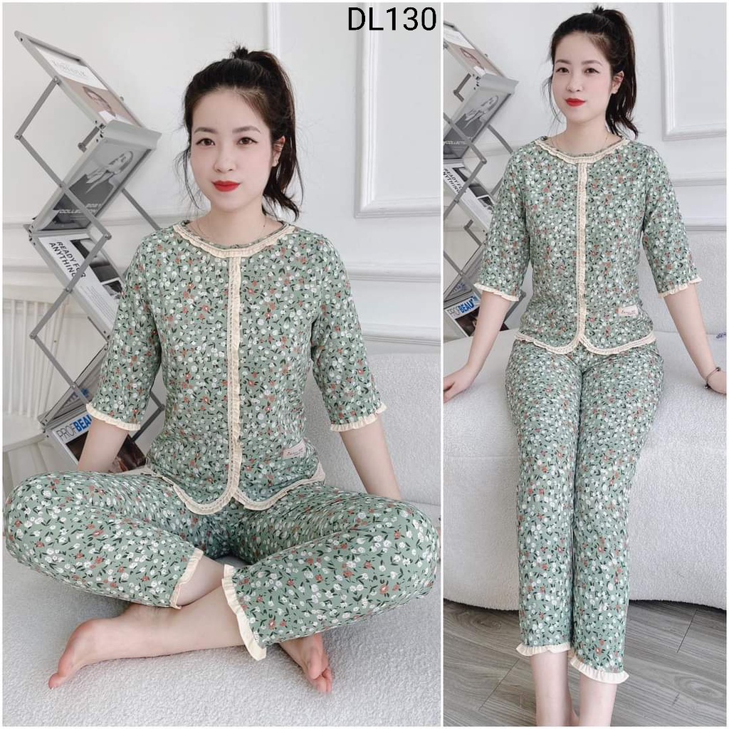 (Bunnysky) ĐỒ BỘ MẶC NHÀ THU ĐÔNG  HỌA TIẾT HOA LÁ VẢI LỤA MỀM MỊN KHÔNG NHĂN