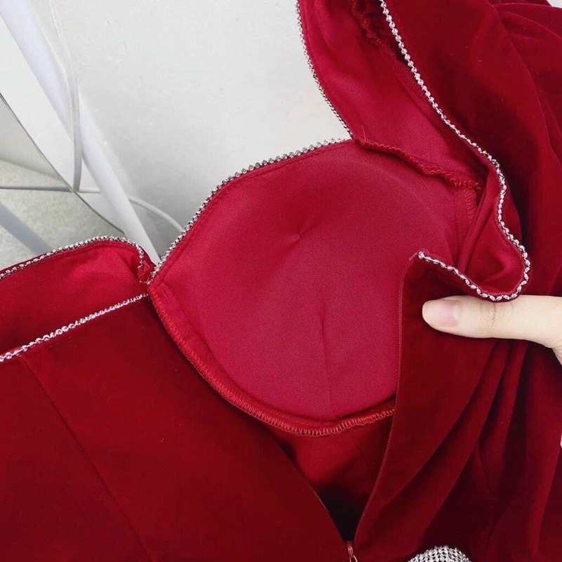 Đầm nhung đỏ viền ren trắng tay dài,váy nữ noel siêu xin cho mùa giangs sinh