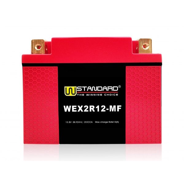 Bình ắc quy xe máy lithium WEX2R12-MF điện áp 12,8V 280CCA nhập khẩu USA dành cho xe mô tô dung tích xi-lanh lớn.