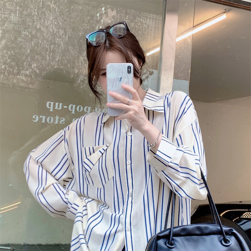 Áo sơ mi SUXI tay dài quá cỡ họa tiết kẻ sọc phong cách Hàn Quốc thời trang đơn giản dành cho nữ