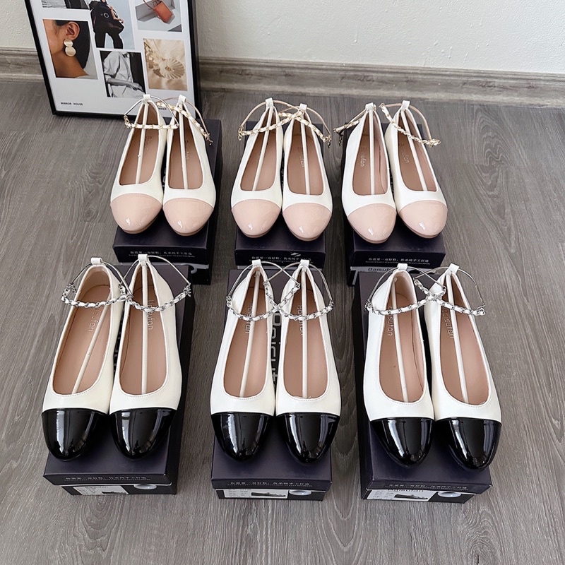 Giày búp bê xích phối mũi giày sẵn lùi 1 size  sẵn