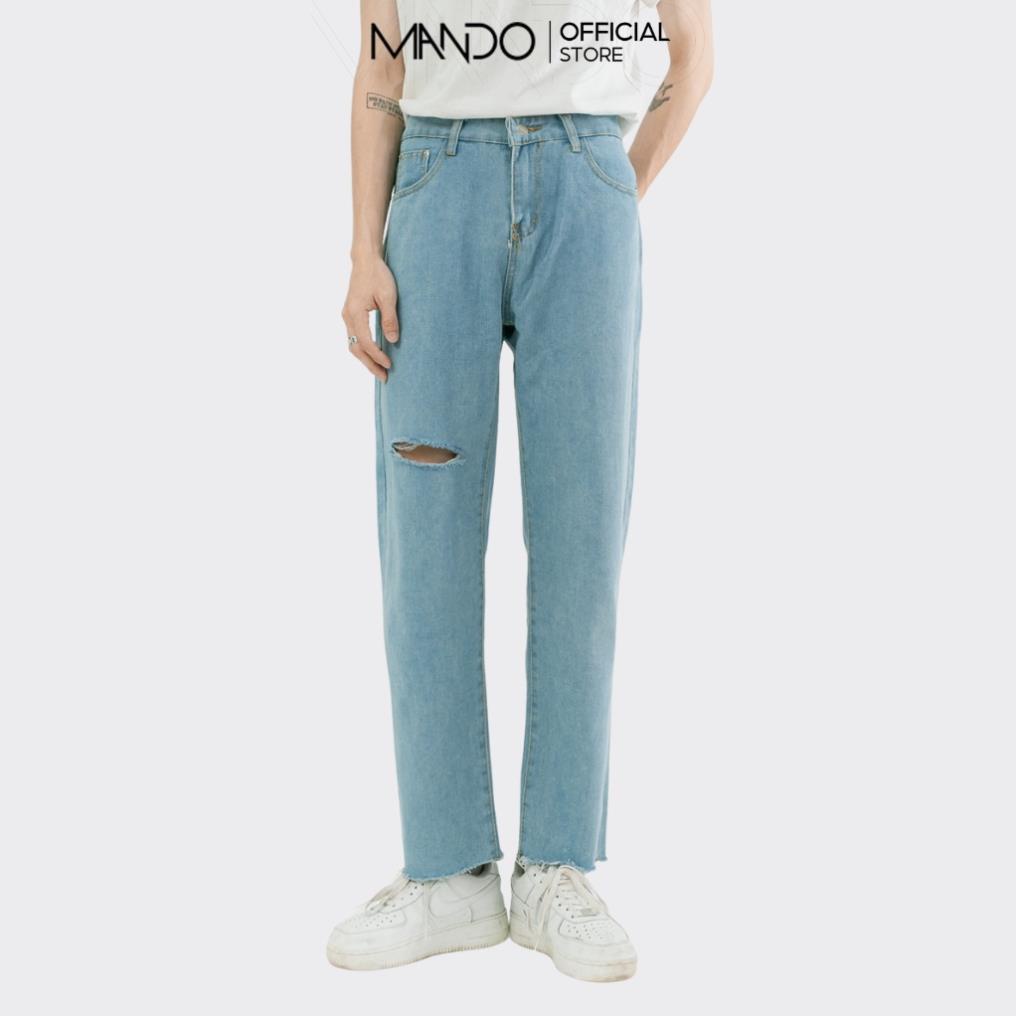 Quần Jean Nam Rách Gối MANDO Vải Bò Cao Cấp 2 Màu Xanh Đen Form Suông Rộng Basic Unisex Thời Trang Hàn Quốc QJN056 *