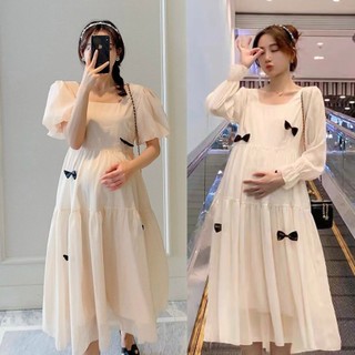 Váy bầu dự tiệc xinh Đầm bầu cổ vuông tay bồng 2 kiểu dài tay ngắn tay màu kem