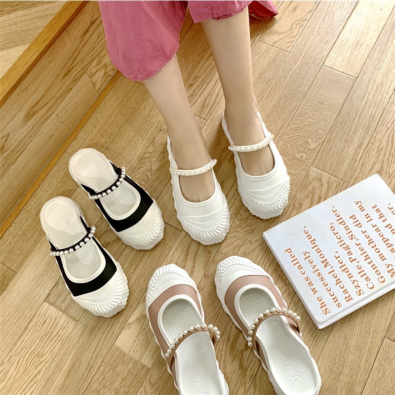 Dép Quai Ngang Đế Dày Đính Ngọc Trai Thời Trang Hàn Quốc Cho Nữ