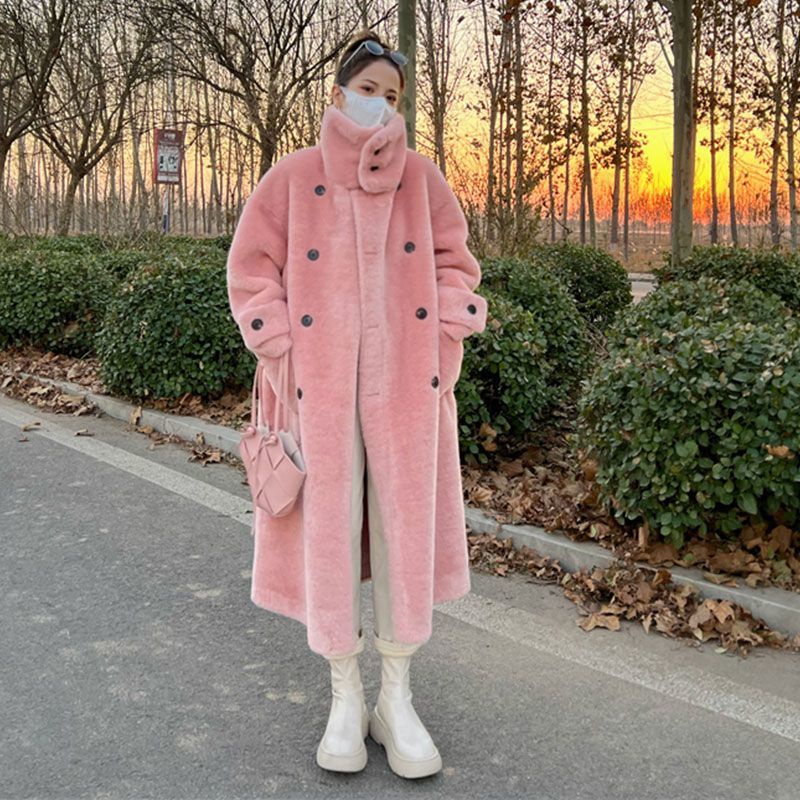[S N ph m] Áo Khoác Lông Cừu Dày Dáng Dài Cổ Đứng Hai Hàng Nút Cài Phong Cách Hàn Quốc Dễ Phối Đồ Mùa Đông Cho Nữ