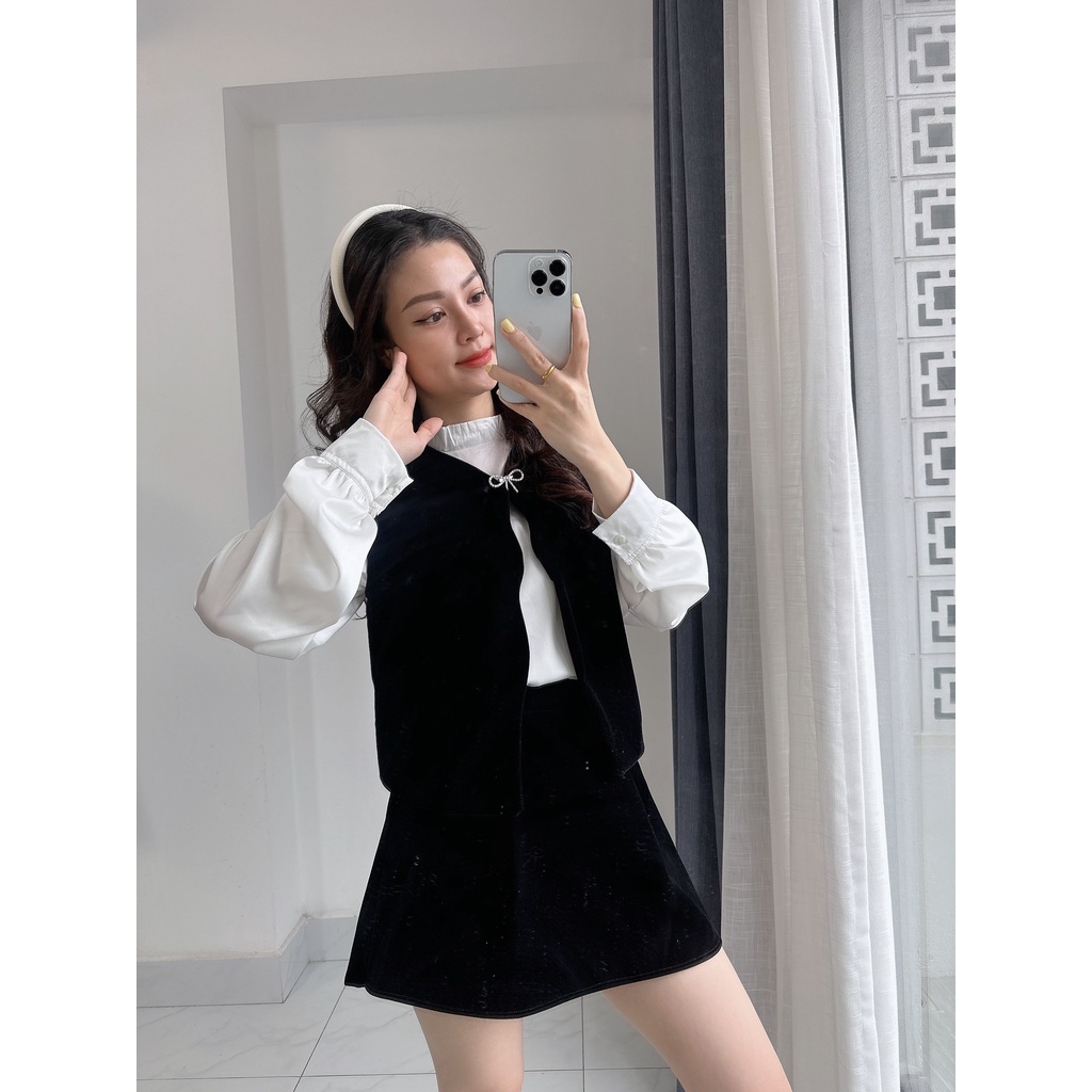 Set 3 món sơ mi kèm gile viền sóng và chân váy nhung tặng kèm tag nơ đá