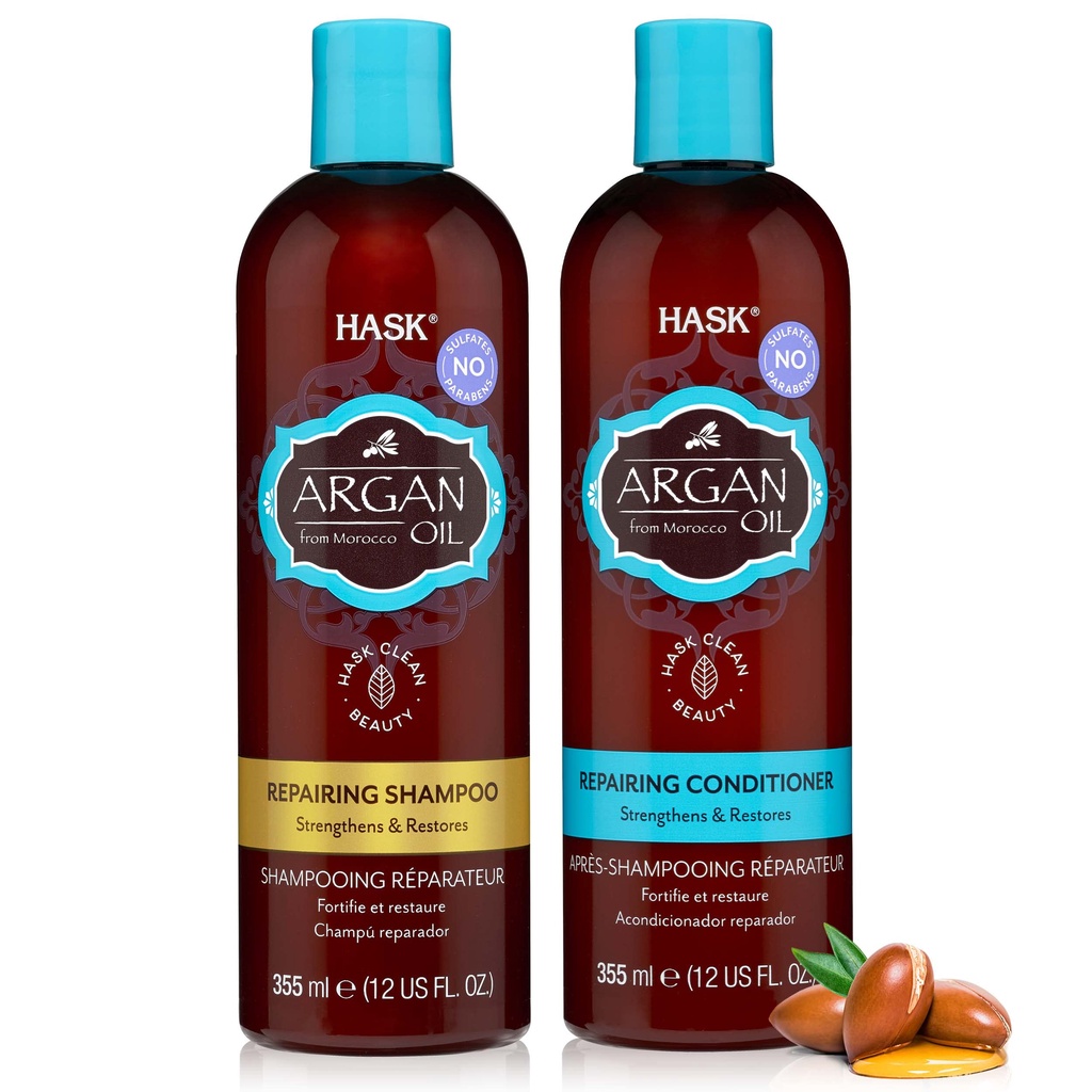 Bộ dầu gội xả HASK ARGAN OIL Repairing dành cho mọi loại tóc, không chứa Gluten, Paraben 355ml