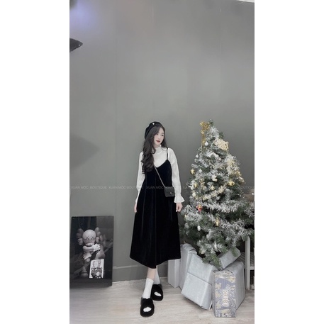 [Ảnh thật-Hàng Loai1] Váy bầu nhung dài tay bồng dáng xuông nhẹ nhàng phối tay bo tiểu thư sang chảnh