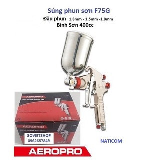 Vitule sung phun sơn F75G hiệu AEROPRO, bầu cốc sơn 400cc đứng hướng lên trên, sơn trang trí gỗ xe