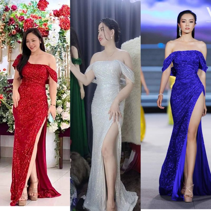 Dạ hội kim sa trễ vai tay ngắn