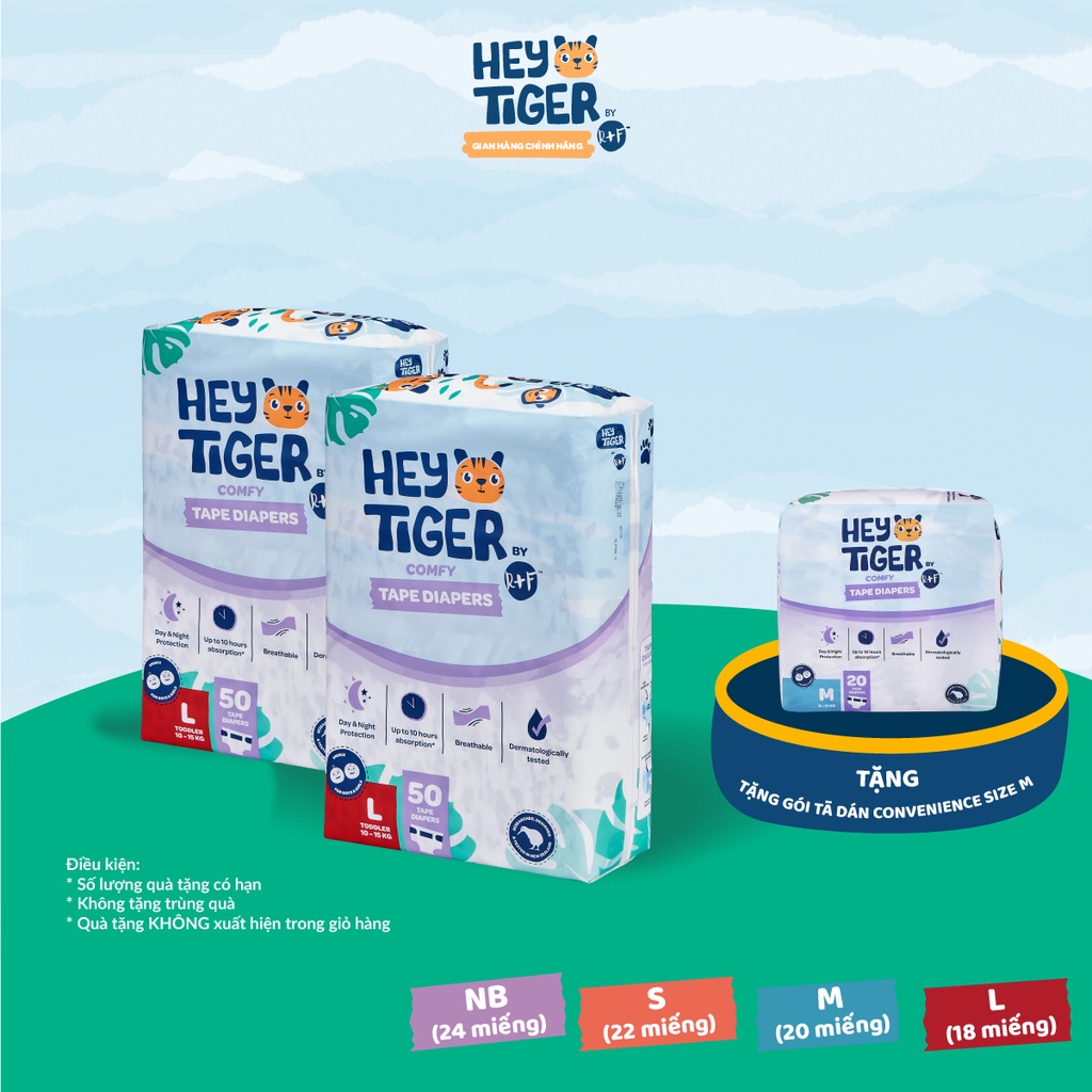 Combo 2 Tã/Bỉm Dán Hey Tiger Jumbo Đủ Size NB168/S152/M128/L100
