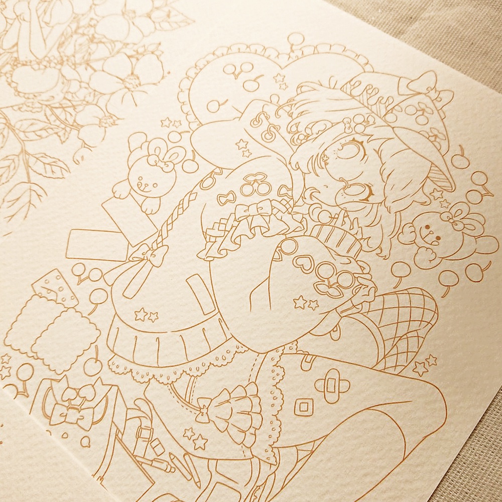 Tranh tô màu / Tranh tô màu nước cô gái phong cách / Line Art / Khổ A5 A4 dày 300gsm