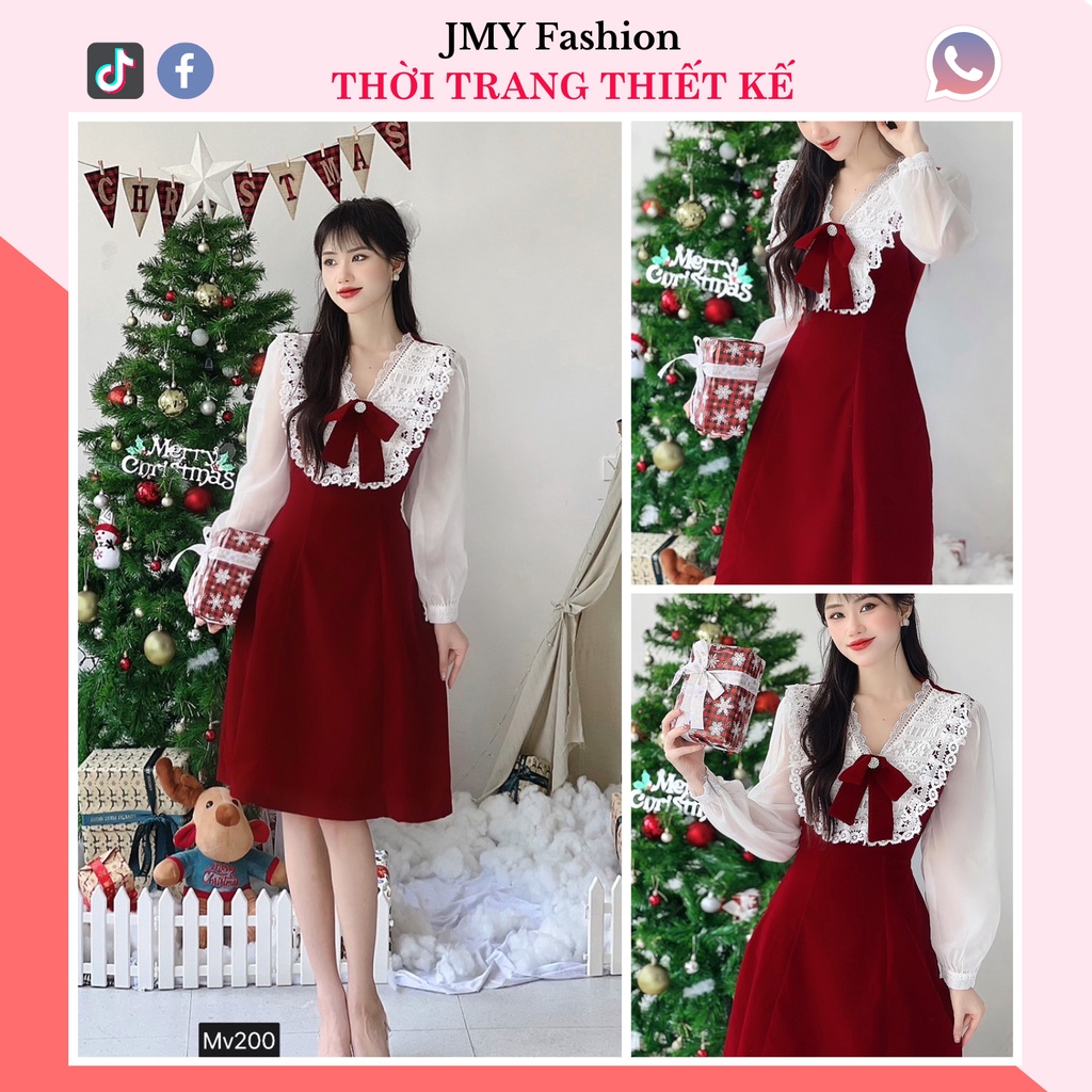 Váy đỏ nhung phối tay trắng cổ V dịp Noel, Lễ Tết - (MC) Modish and Chic