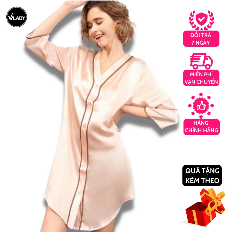 Váy Ngủ Vilady Lụa Pháp Cổ Chữ V Tay Lỡ Phối Viền Màu San Hô Thiết Kế Basic Nhẹ Nhàng