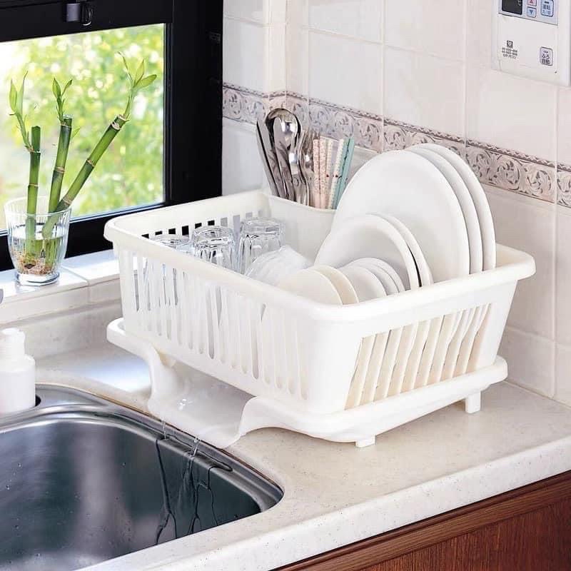 Rổ úp chén, giá úp bát đĩa có khay hứng thoát nước kèm ống đựng đũa loại đẹp