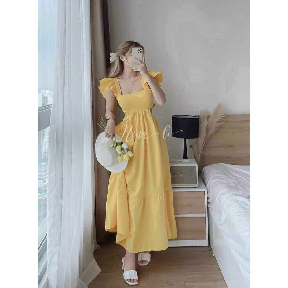 (Siêu sale Tháng 12) Đầm lụa dáng dài tay cánh tiên,đầm maxi khoét eo sau cột nơ dễ thương,5 màu hottren dễ mặc