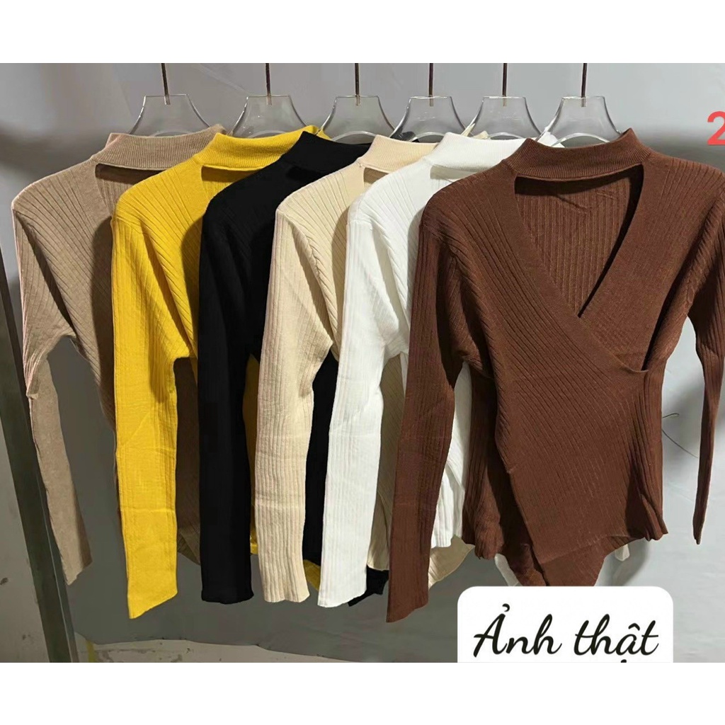 Áo kiểu nữ dài chéo tà đặp chéo tay dài thun bo gân mc b22