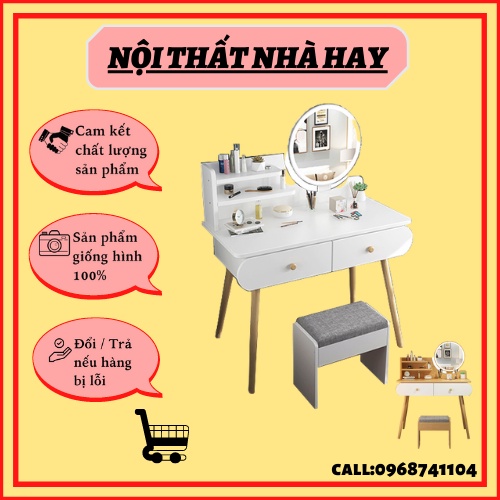 Bàn Trang Điểm Gỗ Cao Cấp, Bàn Phấn Gỗ Bắc Âu Decor Đẹp Có Đèn LED Và Ghế Ngồì