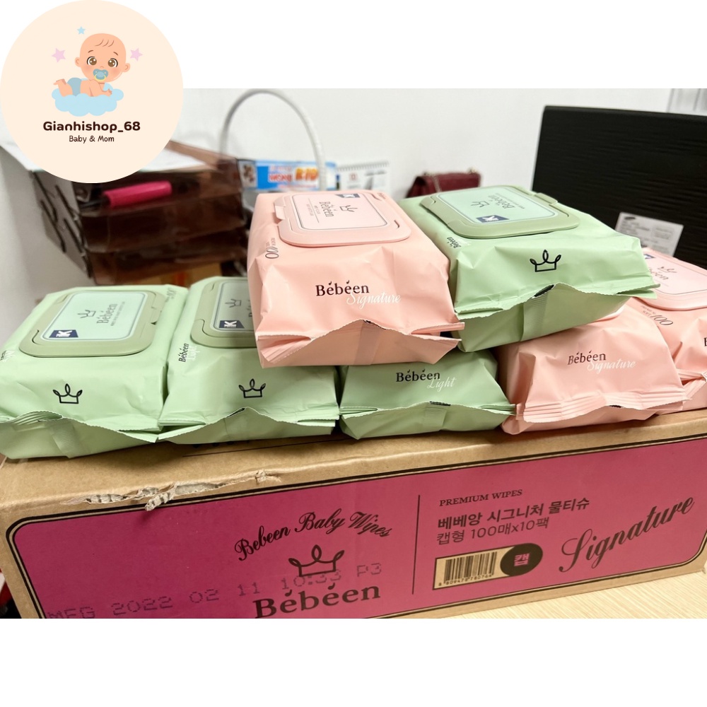1 Thùng/10 bịch Khăn Giấy Ướt Bebeen Hàn Quốc không mùi, 100 Tờ an toàn cho bé sơ sinh, màu hồng, màu xanh